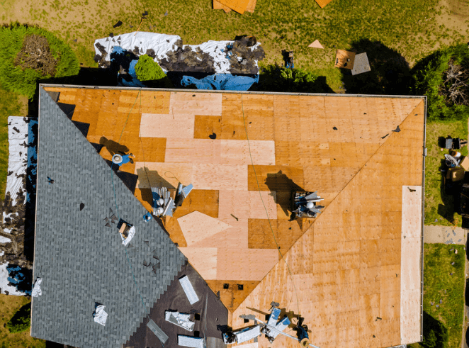 Aerial view of a roof replacement on a home.
