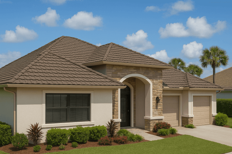 House rendering design with stone coated steel tiles