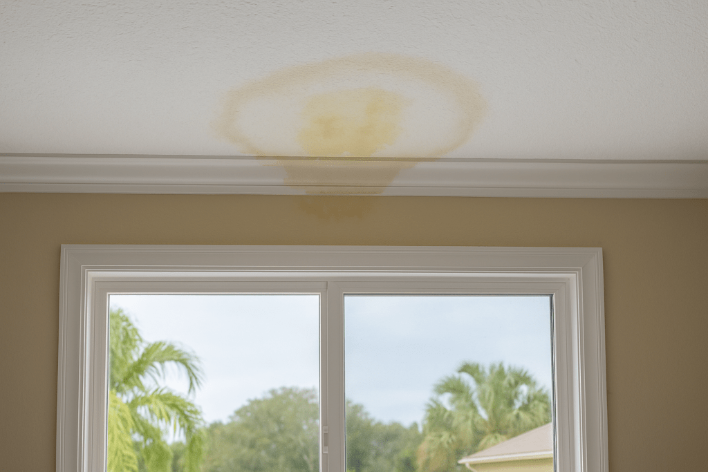 Ceiling stain caused by a leaking storm-damaged roof