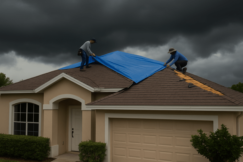 Roofers applying emergency tarp on storm-damaged Florida home