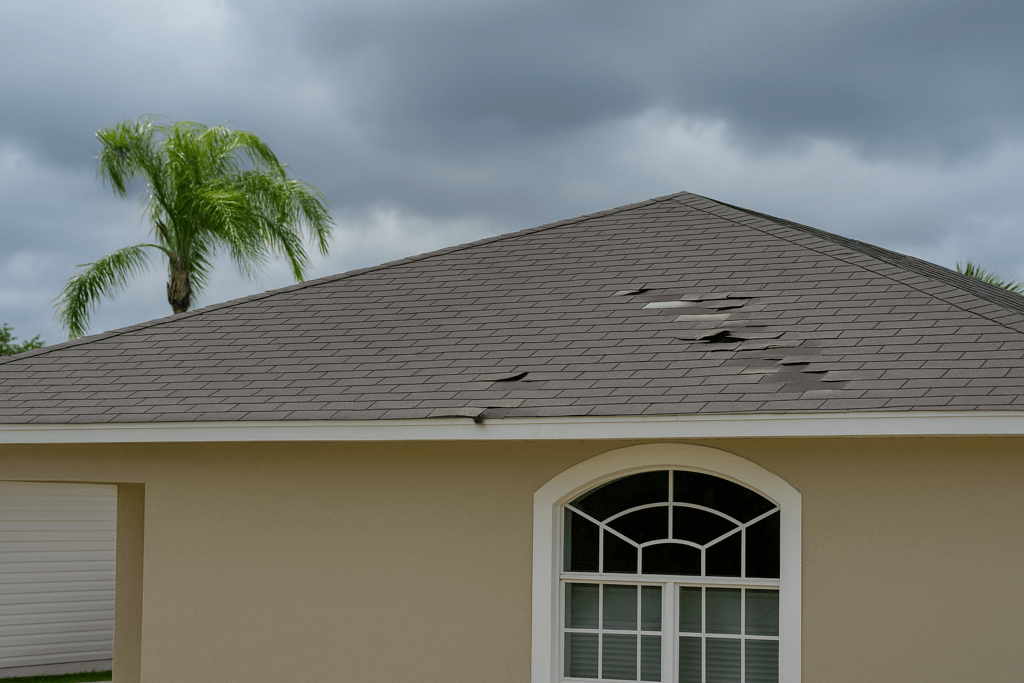 Cracked and missing roof shingles from wind damage