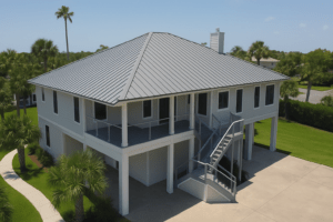 Modern Florida home featuring a standing seam metal roof