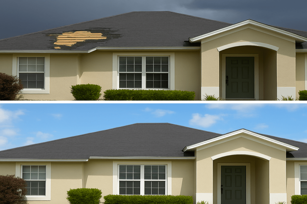 Before and after of a roof repaired after hurricane damage
