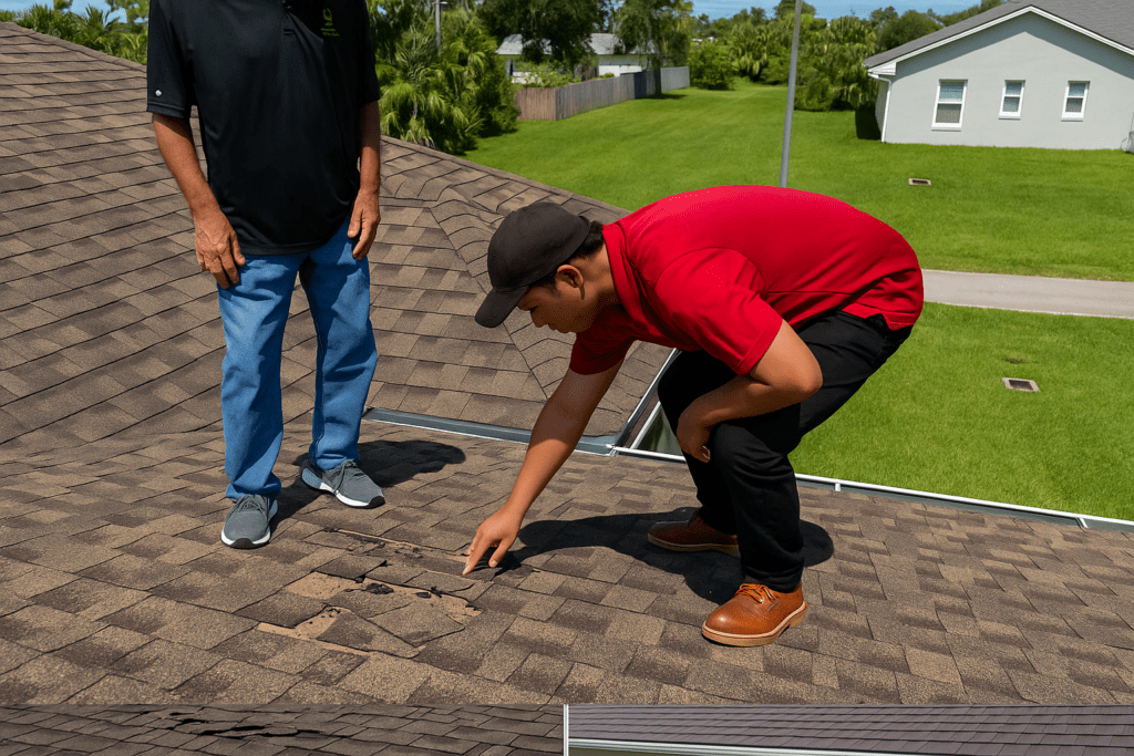 Roofer and insurance adjuster inspecting roof after storm