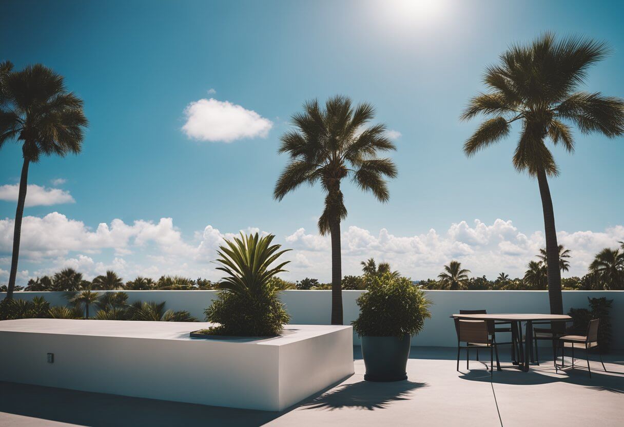 A sunny Florida rooftop with palm trees in the background, a clear blue sky, and a few scattered clouds