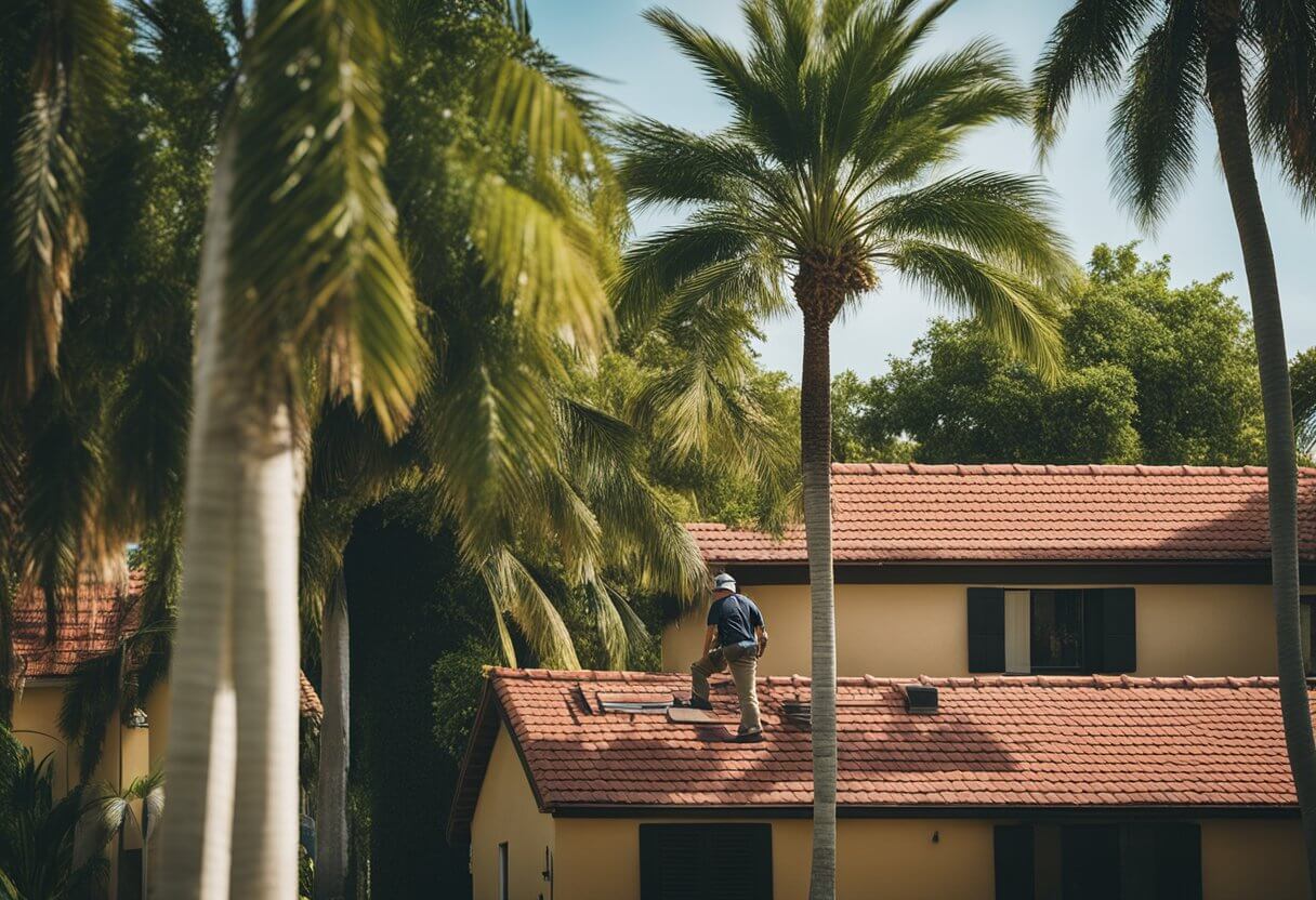A sunny Florida day with a palm tree-lined street, a house with a red tiled roof, and a roofer inspecting for damage