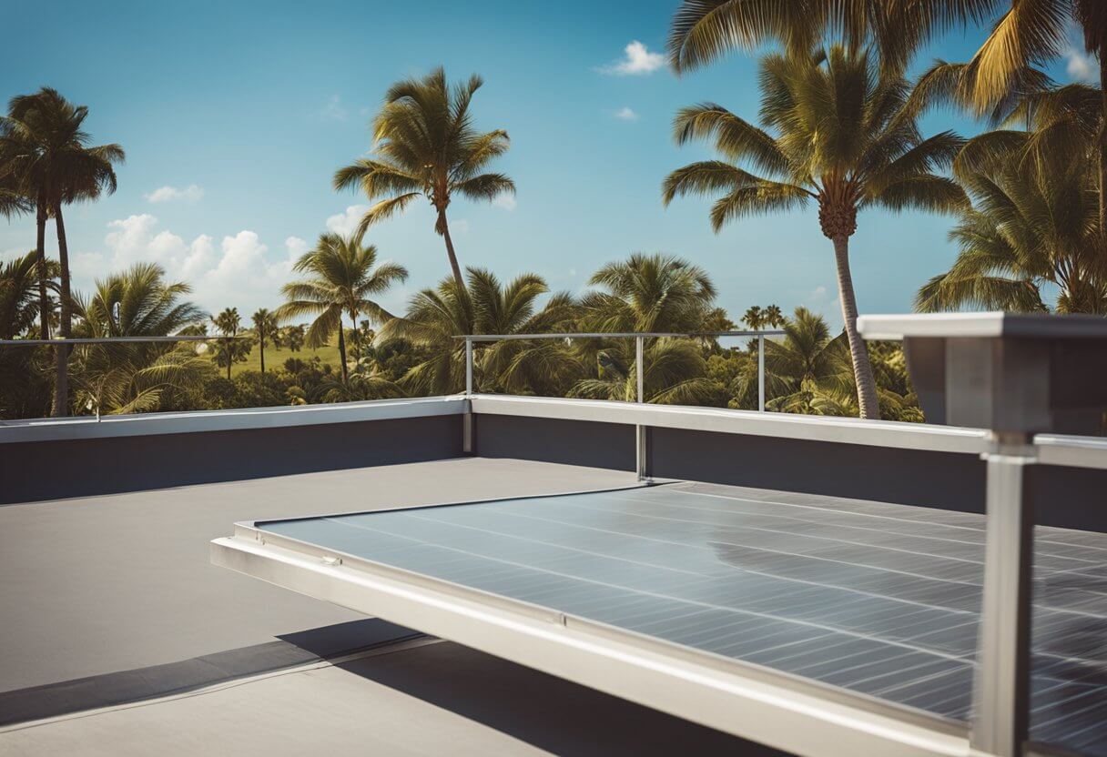 A sunny Florida rooftop with palm trees in the background, a professional inspecting and maintaining the roof