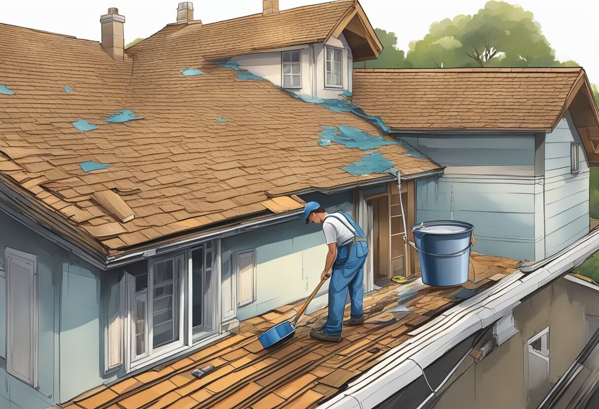 A roof with visible water stains, a bucket collecting drips, and a person inspecting and repairing the damaged area