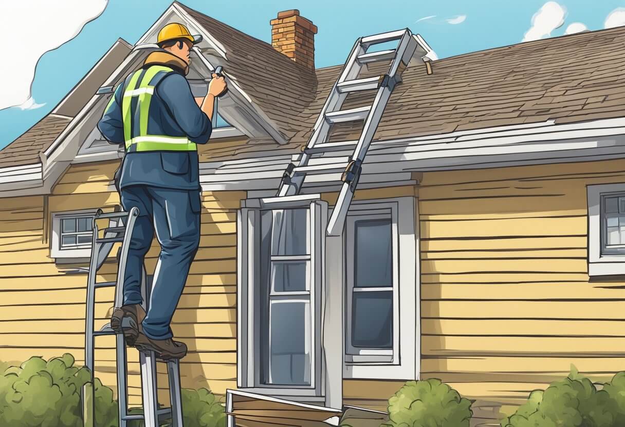 An inspector using a ladder to examine a roof, while taking notes and photos of any damage or areas in need of repair
