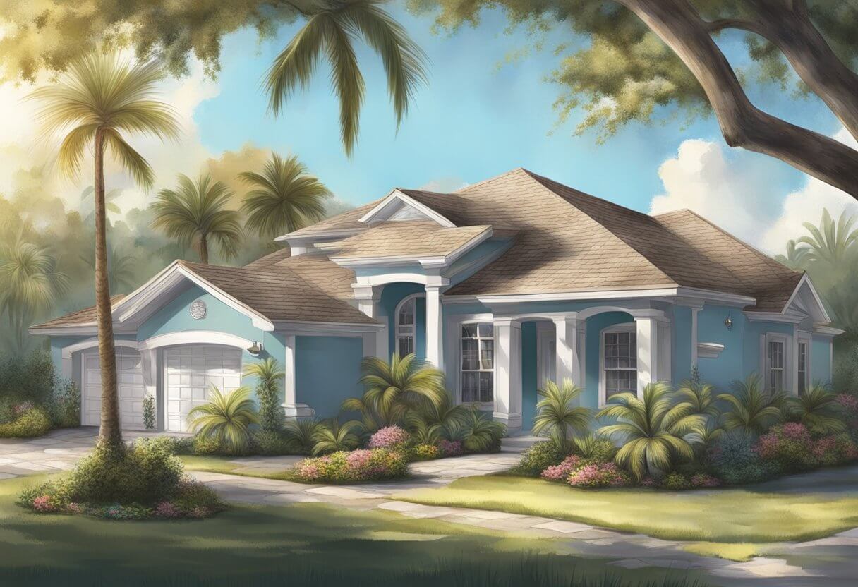 A sunny Florida afternoon with a residential house, showing signs of wear and tear on the roof. Some areas appear damaged and in need of repair or replacement