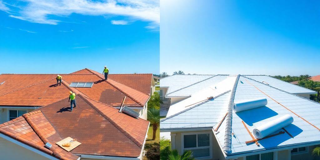Side-by-side flat roof repair and replacement under sunny Florida sky