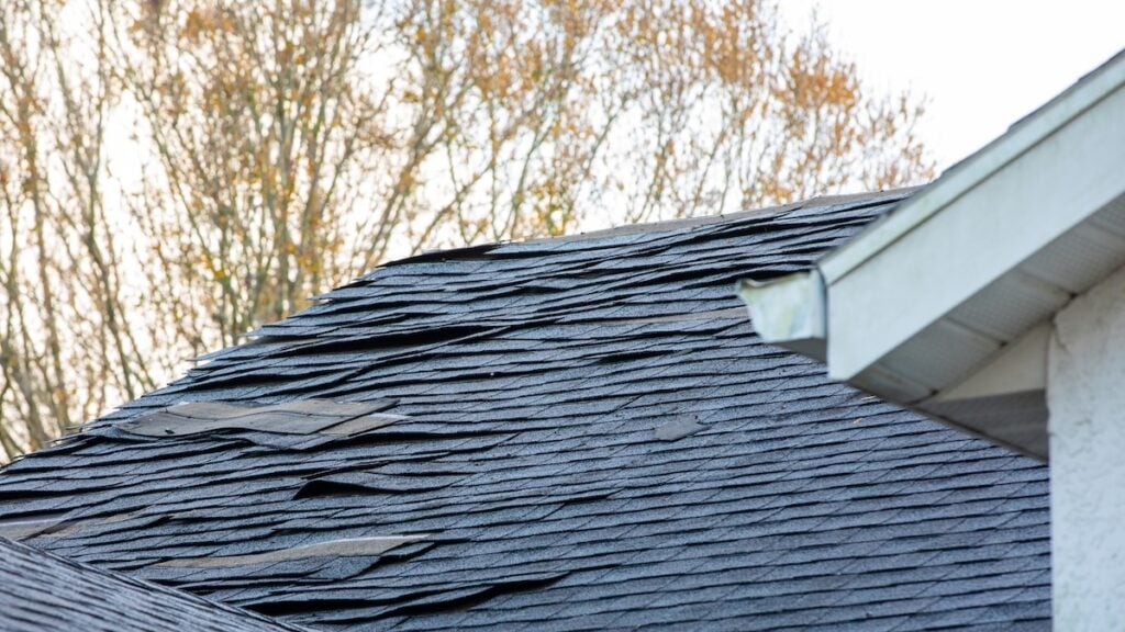 old roof shingle on the roof of house needs replacing.